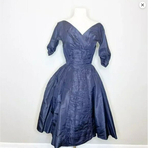 Vintage 50s Suzy Perette XS Dress Navy Blue Cinched Waist Full Skirt Taffeta - Picture 1 of 11